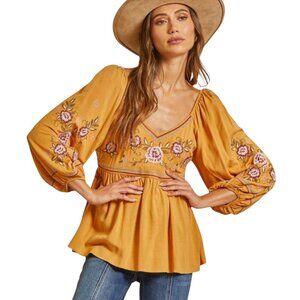 Savanna Jane Gold Embroidered Smocked V Neck Boho Top